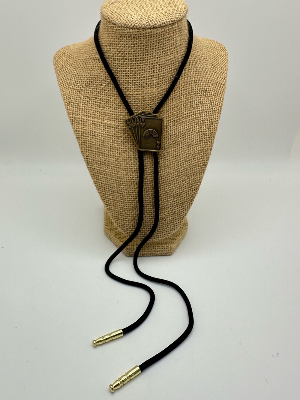 Bolaro Vintage Style Card Motif Bolo String Tie in Black with Brass Accents